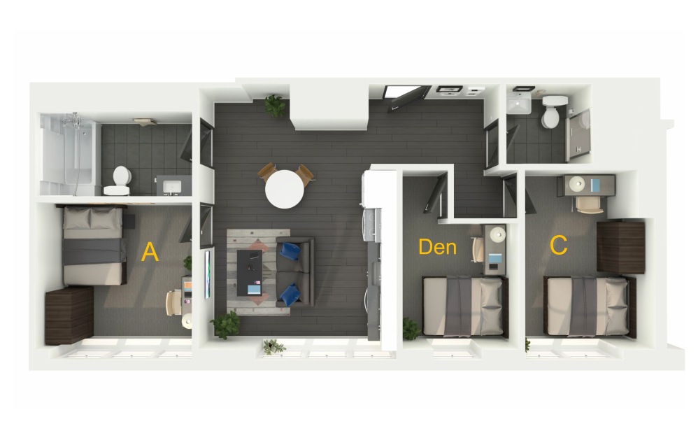 Shady Oak S06 2 Bed/2 Bath + Den - 2 bedroom floorplan layout with 2 bathrooms and 826 square feet